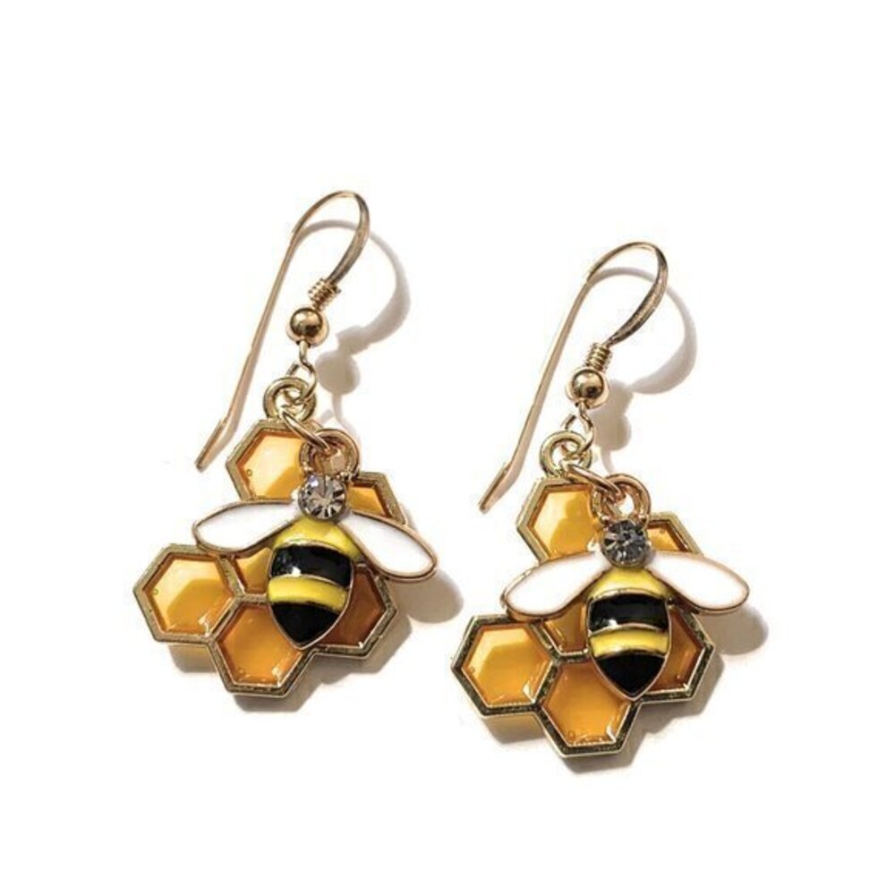 Bee Earrings Bumble Honey Bee with Honeycomb Earrings on 14k Gold Filled Wires